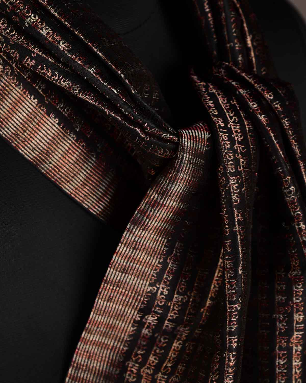 Metallic Black Multi-Color Geeta Shlok Brocade Handwoven Silk Unisex Scarf 72"x21"-HolyWeaves