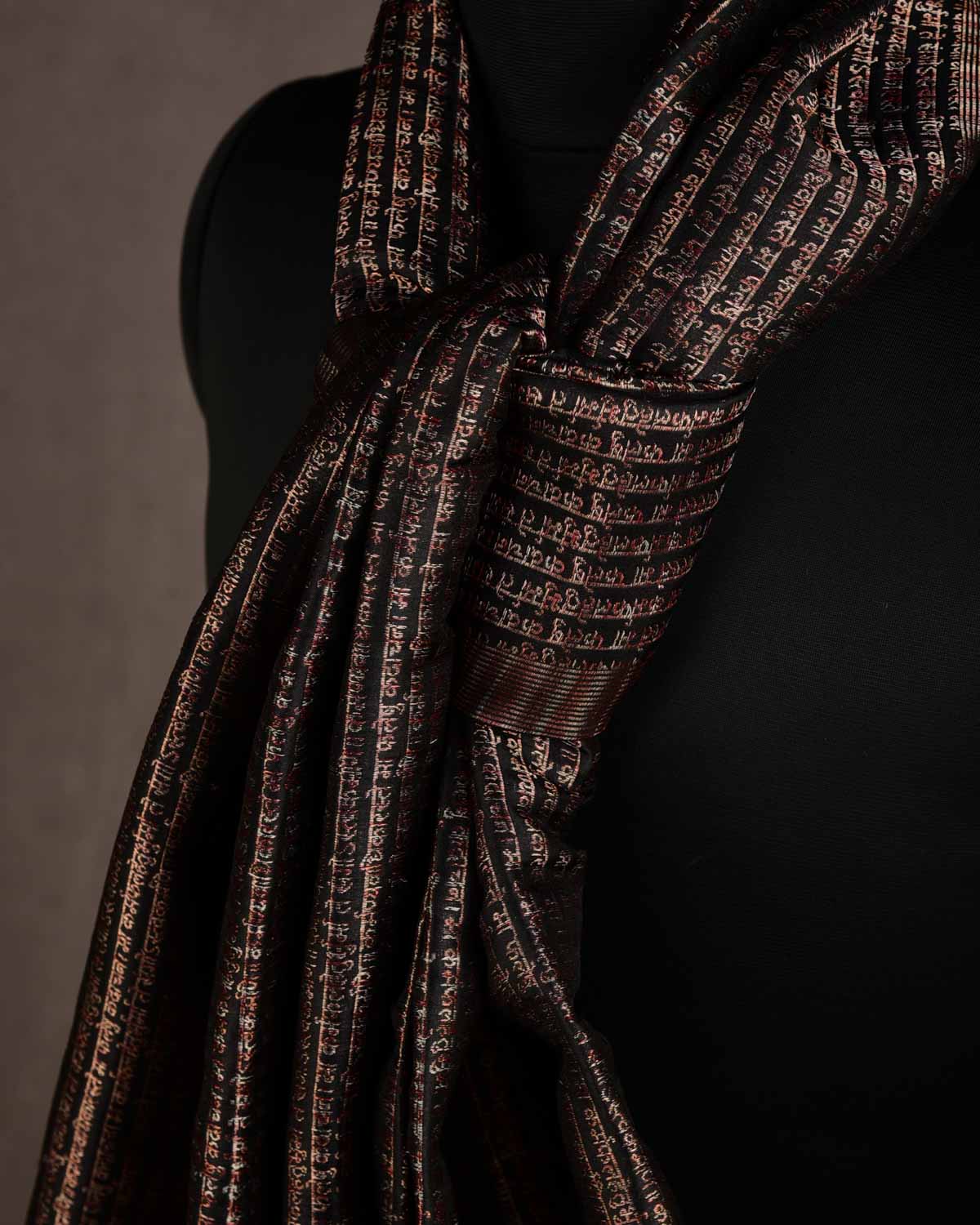 Metallic Black Multi-Color Geeta Shlok Brocade Handwoven Silk Unisex Scarf 72"x21"-HolyWeaves