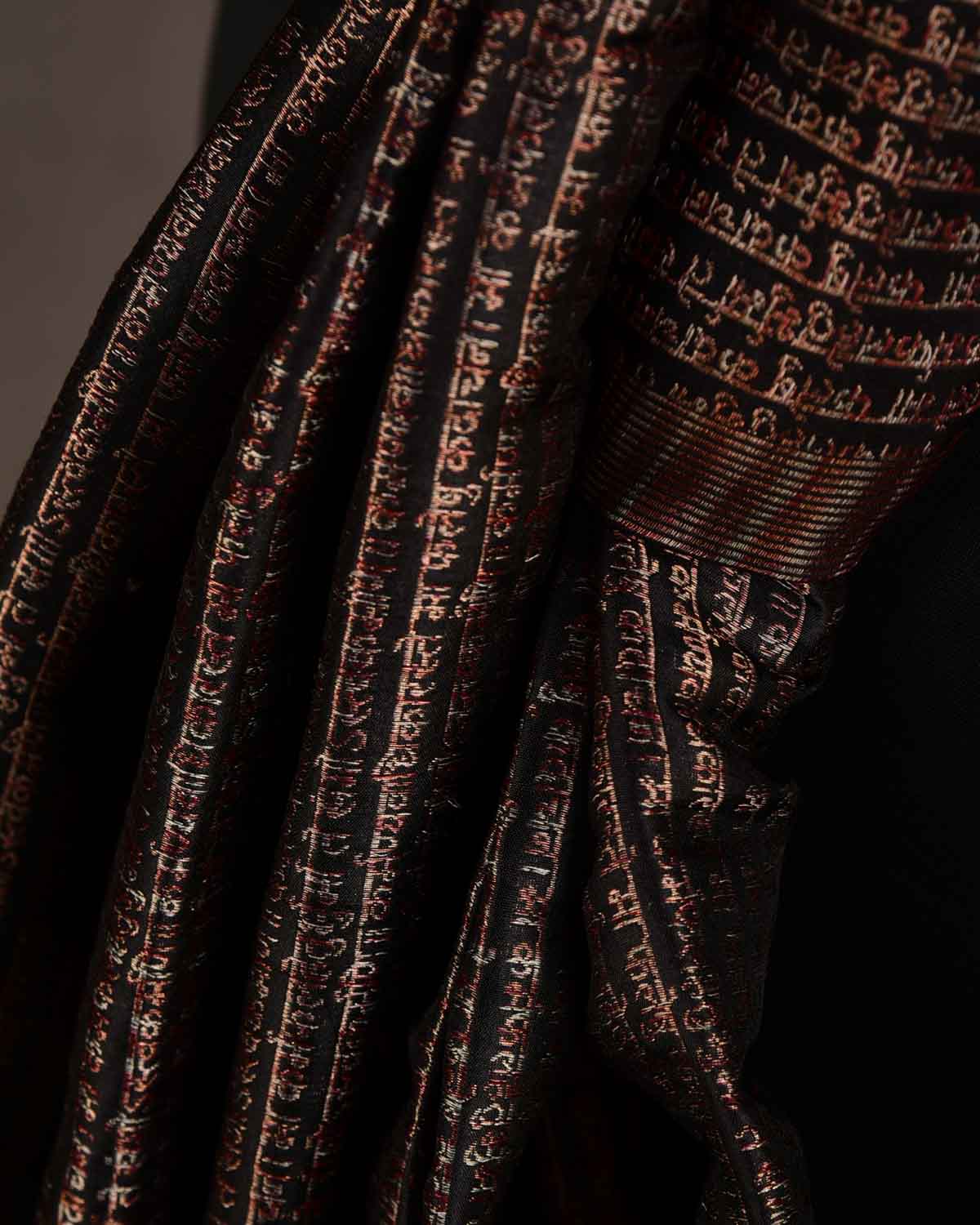 Metallic Black Multi-Color Geeta Shlok Brocade Handwoven Silk Unisex Scarf 72"x21"-HolyWeaves