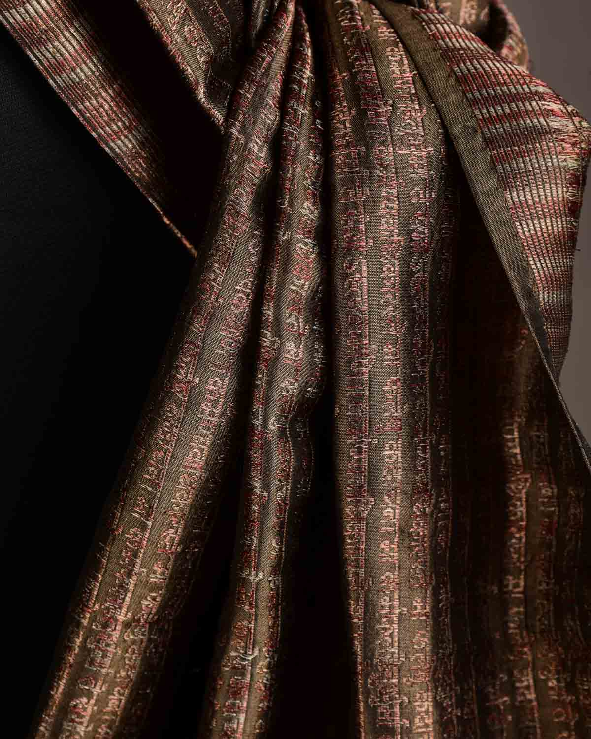 Metallic Brown Olive Green Multi-Color Geeta Shlok Brocade Handwoven Silk Unisex Scarf 72"x21"-HolyWeaves