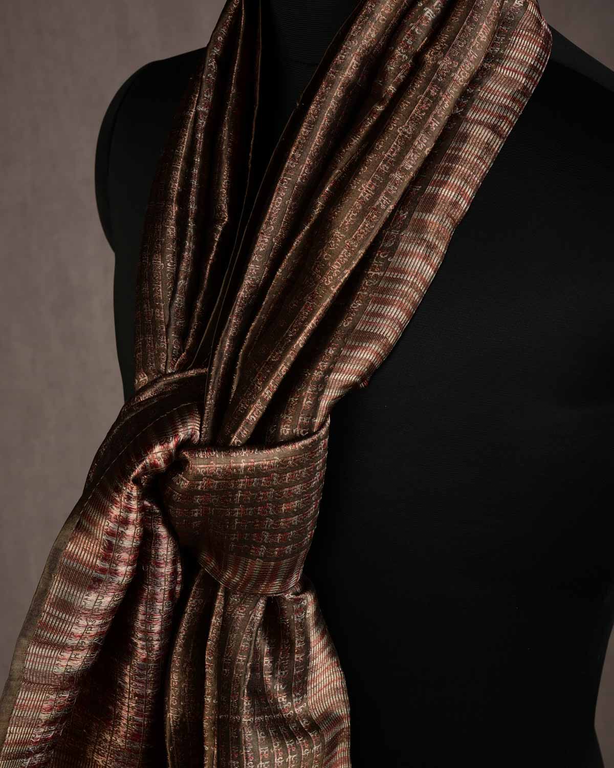 Metallic Brown Olive Green Multi-Color Geeta Shlok Brocade Handwoven Silk Unisex Scarf 72"x21"-HolyWeaves