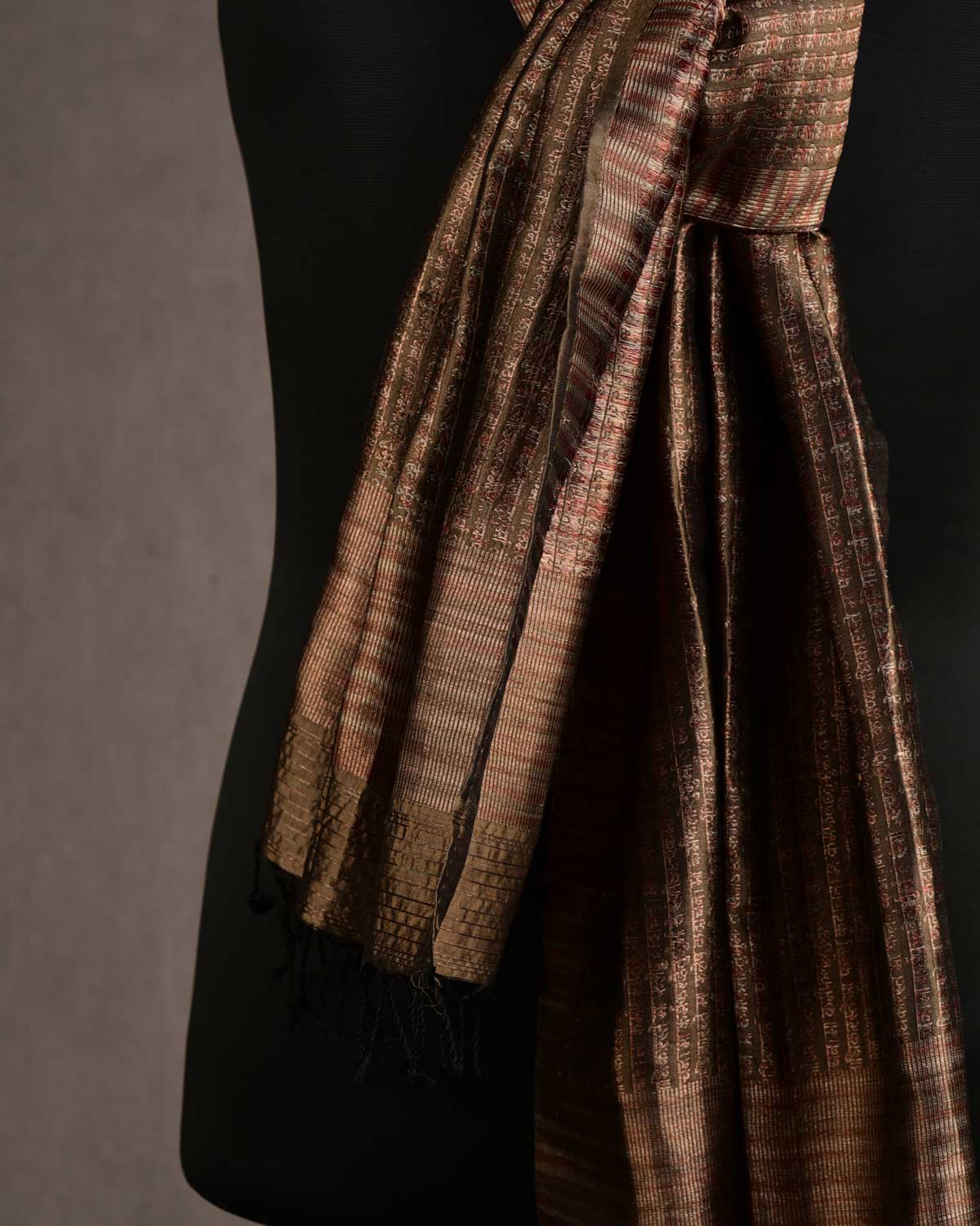 Metallic Brown Olive Green Multi-Color Geeta Shlok Brocade Handwoven Silk Unisex Scarf 72"x21"-HolyWeaves