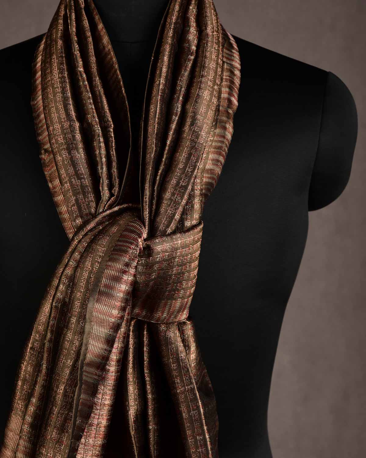 Metallic Brown Olive Green Multi-Color Geeta Shlok Brocade Handwoven Silk Unisex Scarf 72"x21"-HolyWeaves