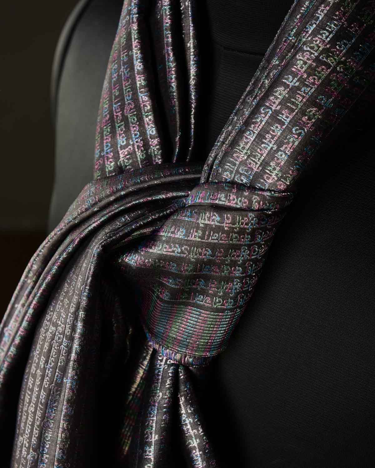 Gray Multi-Color Geeta Shlok 2.47 Brocade Handwoven Silk Unisex Scarf 80"x21"-HolyWeaves