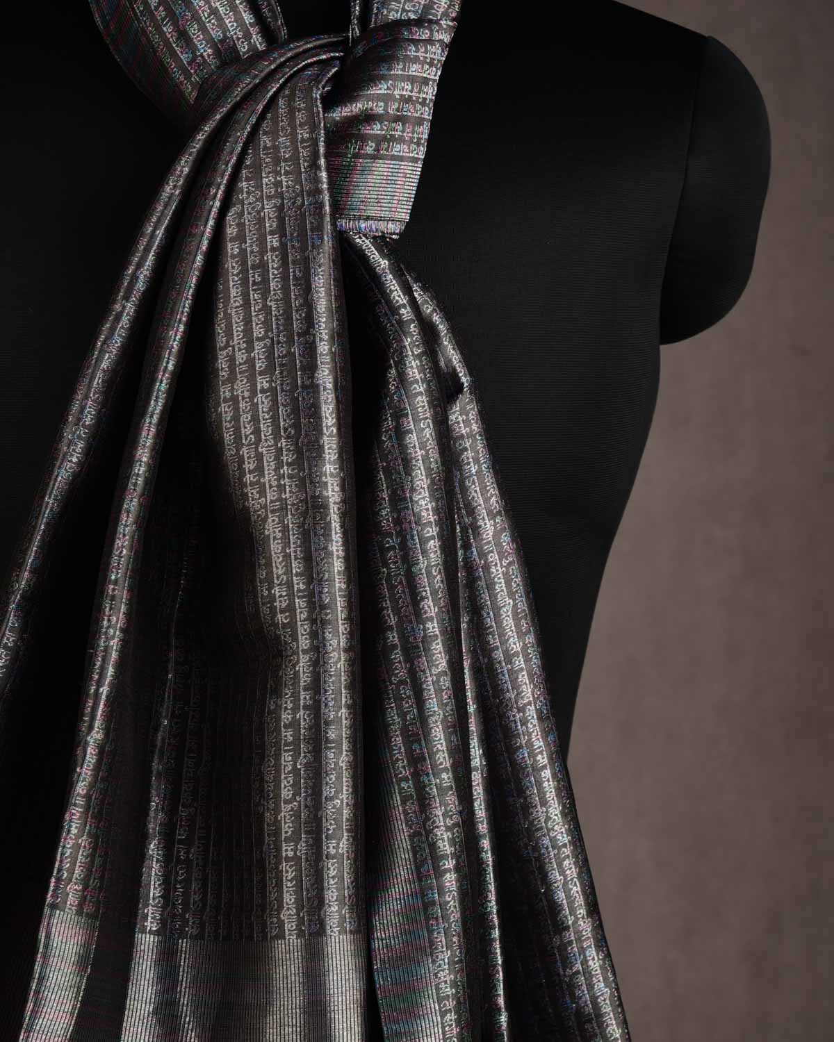 Gray Multi-Color Geeta Shlok 2.47 Brocade Handwoven Silk Unisex Scarf 80"x21"-HolyWeaves