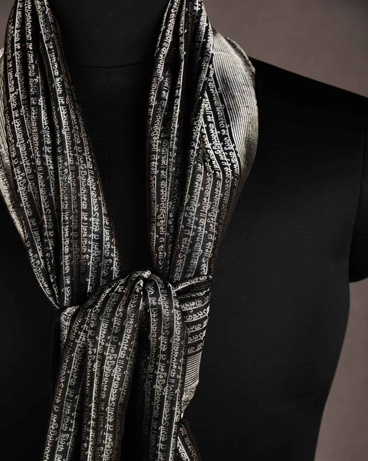 Black Geeta Shlok 2.47 Silver Zari Brocade Handwoven Silk Unisex Scarf 80"x21"-HolyWeaves