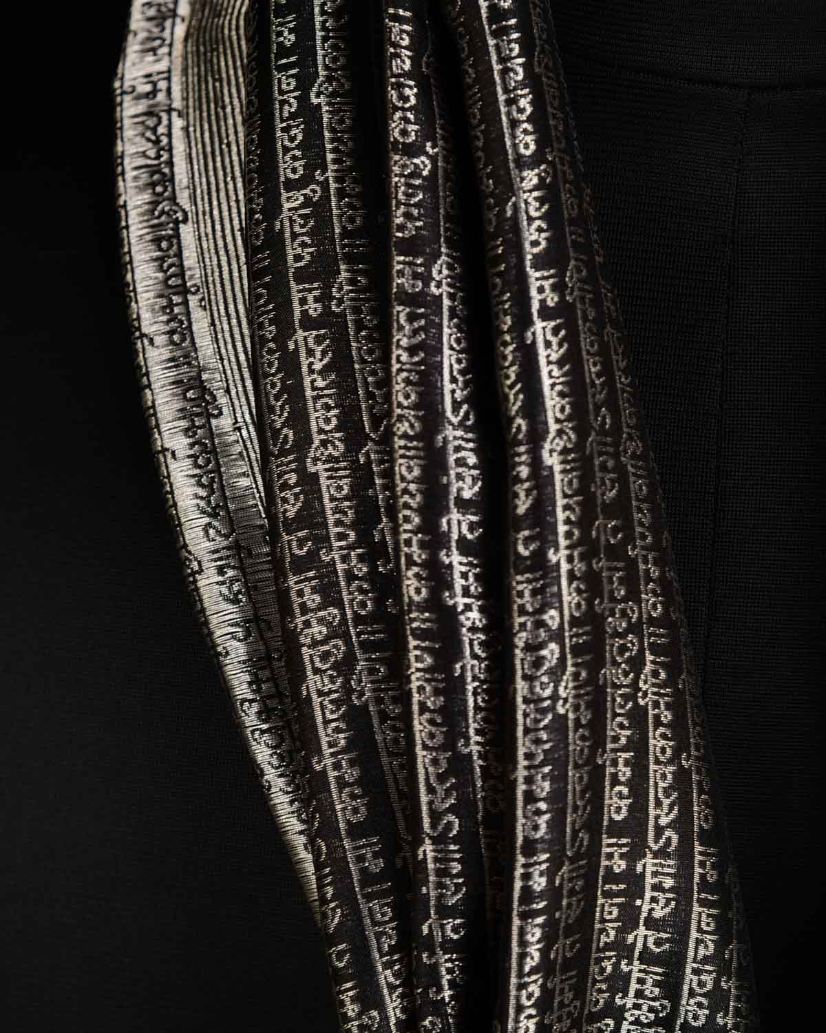 Black Geeta Shlok 2.47 Silver Zari Brocade Handwoven Silk Unisex Scarf 80"x21"-HolyWeaves