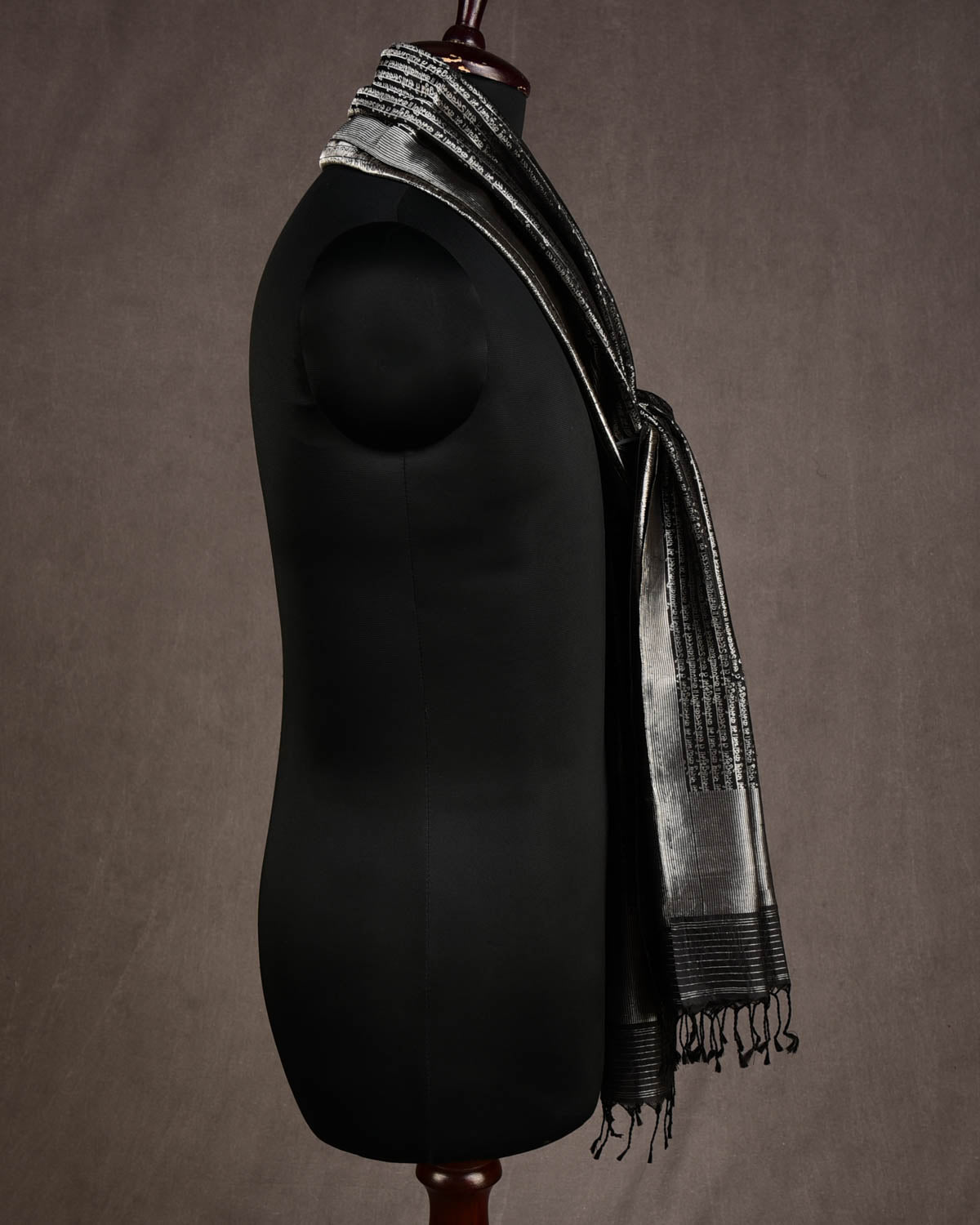 Black Geeta Shlok 2.47 Silver Zari Brocade Handwoven Silk Unisex Scarf 80"x21"-HolyWeaves