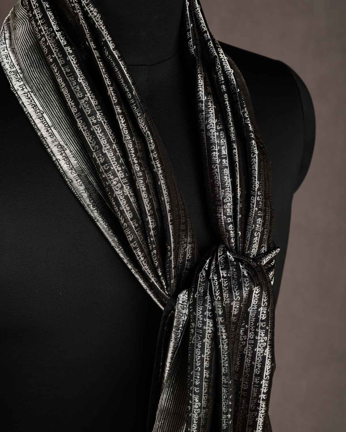 Black Geeta Shlok 2.47 Silver Zari Brocade Handwoven Silk Unisex Scarf 80"x21"-HolyWeaves