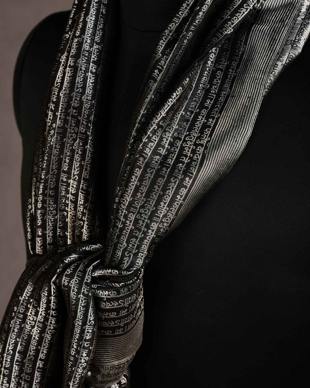 Black Geeta Shlok 2.47 Silver Zari Brocade Handwoven Silk Unisex Scarf 80"x21"-HolyWeaves
