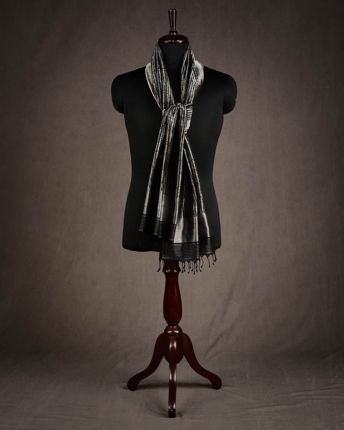 Black Geeta Shlok 2.47 Silver Zari Brocade Handwoven Silk Unisex Scarf 80"x21"-HolyWeaves