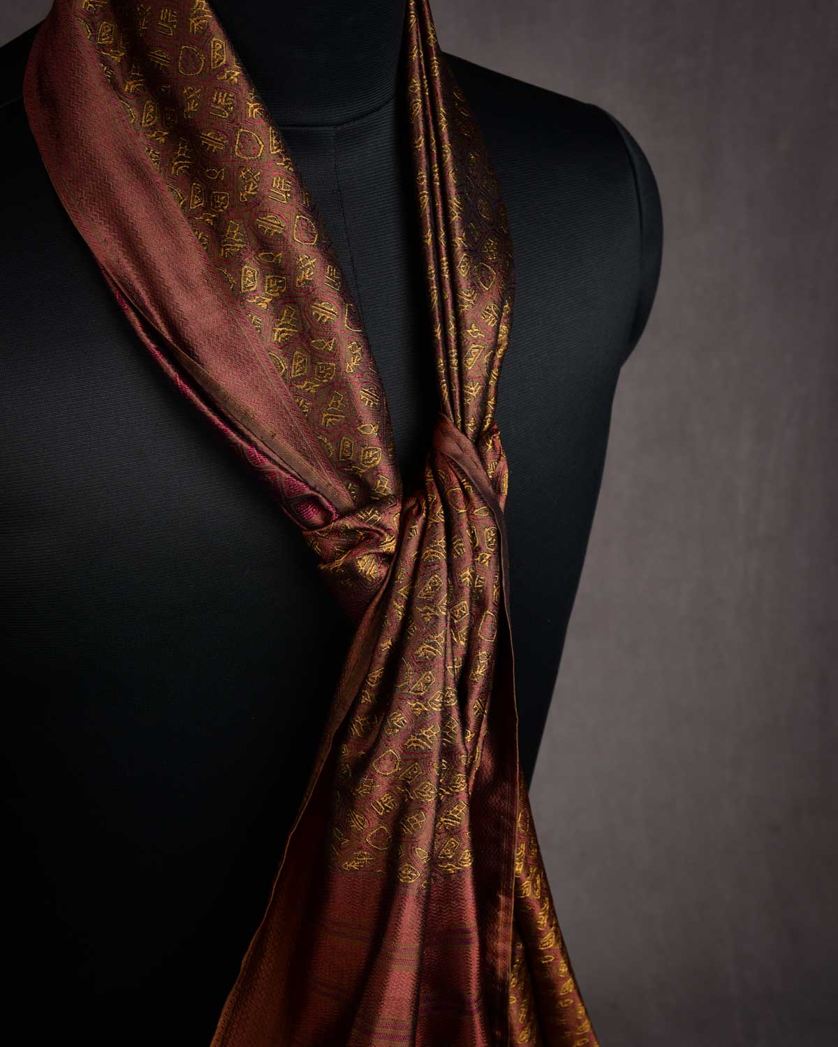 Mustard On Maroon Banarasi Tribal Tanchoi Handwoven Silk Scarf 72"x21"-HolyWeaves