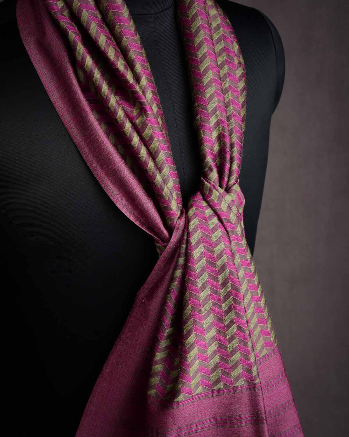 Olive Green Banarasi Glitch Chevron Tanchoi Handwoven Silk Wool Scarf 80"x21"
