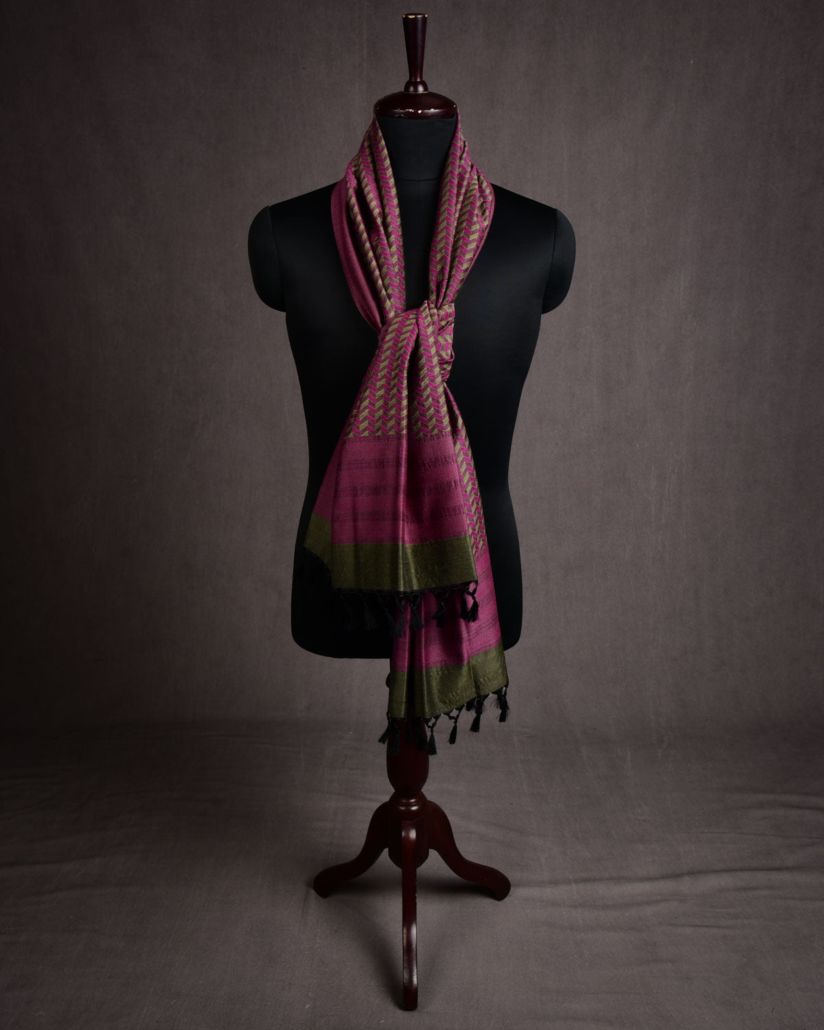 Olive Green Banarasi Glitch Chevron Tanchoi Handwoven Silk Wool Scarf 80"x21"