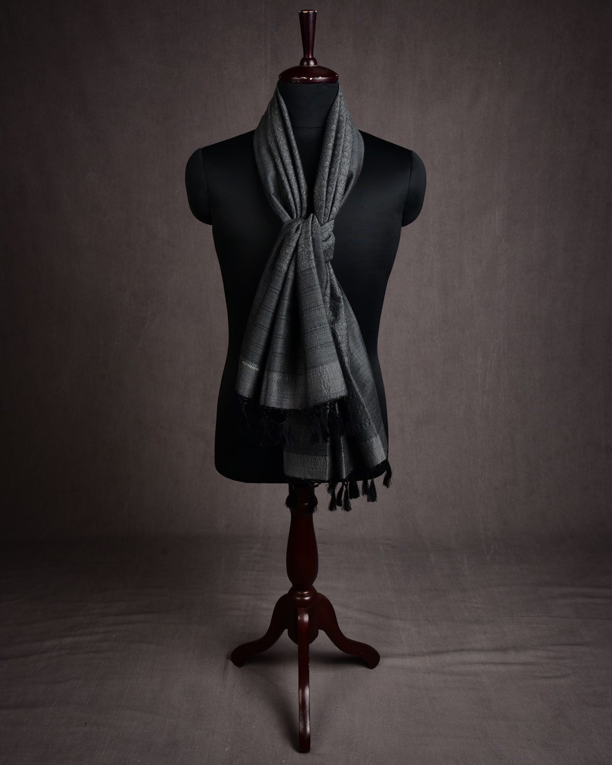 Gray Banarasi Paisley Tanchoi Handwoven Silk Wool Scarf 72"x21"