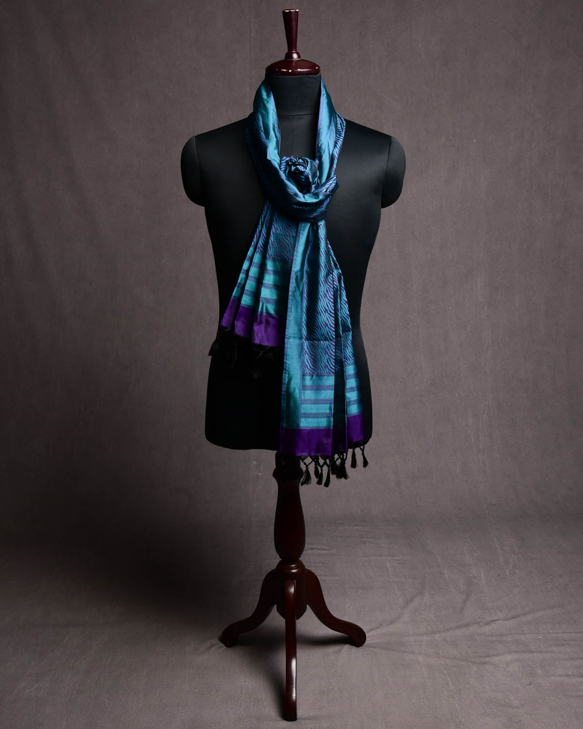Blue On Purple Banarasi Zebra Stripes Tanchoi Handwoven Silk Scarf 72"x21"-HolyWeaves