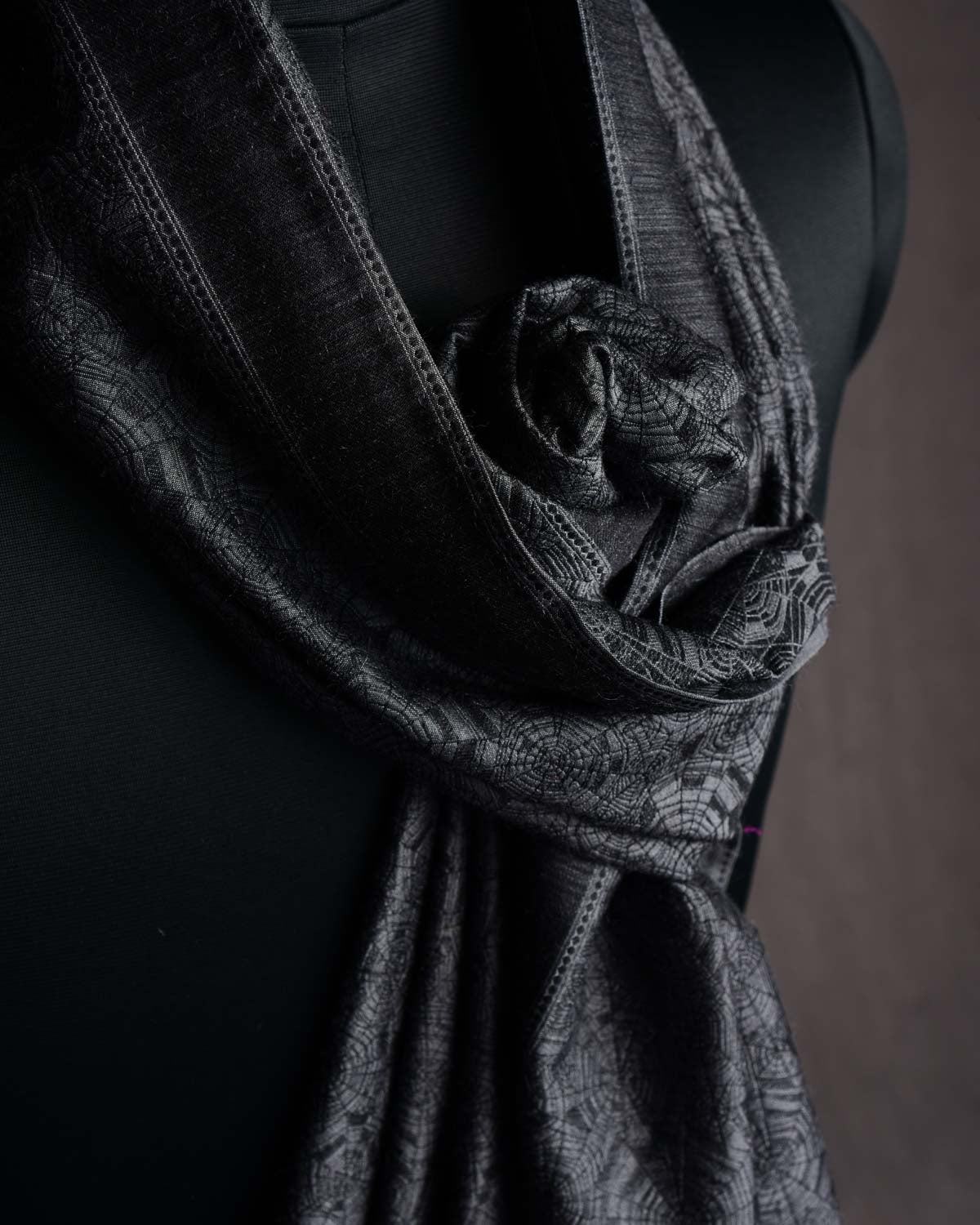 Gray Spider Web Tanchoi Handwoven Silk Wool Scarf 80"x21"-HolyWeaves