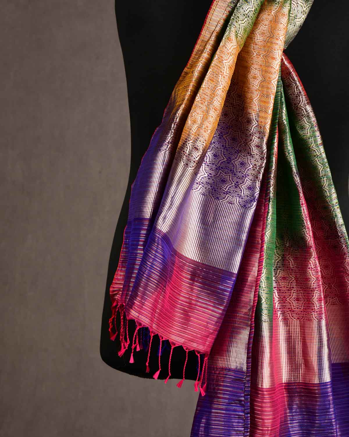 Ombre Multi-color Silver Zari Kaleidoscopic Stars Brocade Handwoven Silk Tissue Unisex Scarf 80"x22"-HolyWeaves