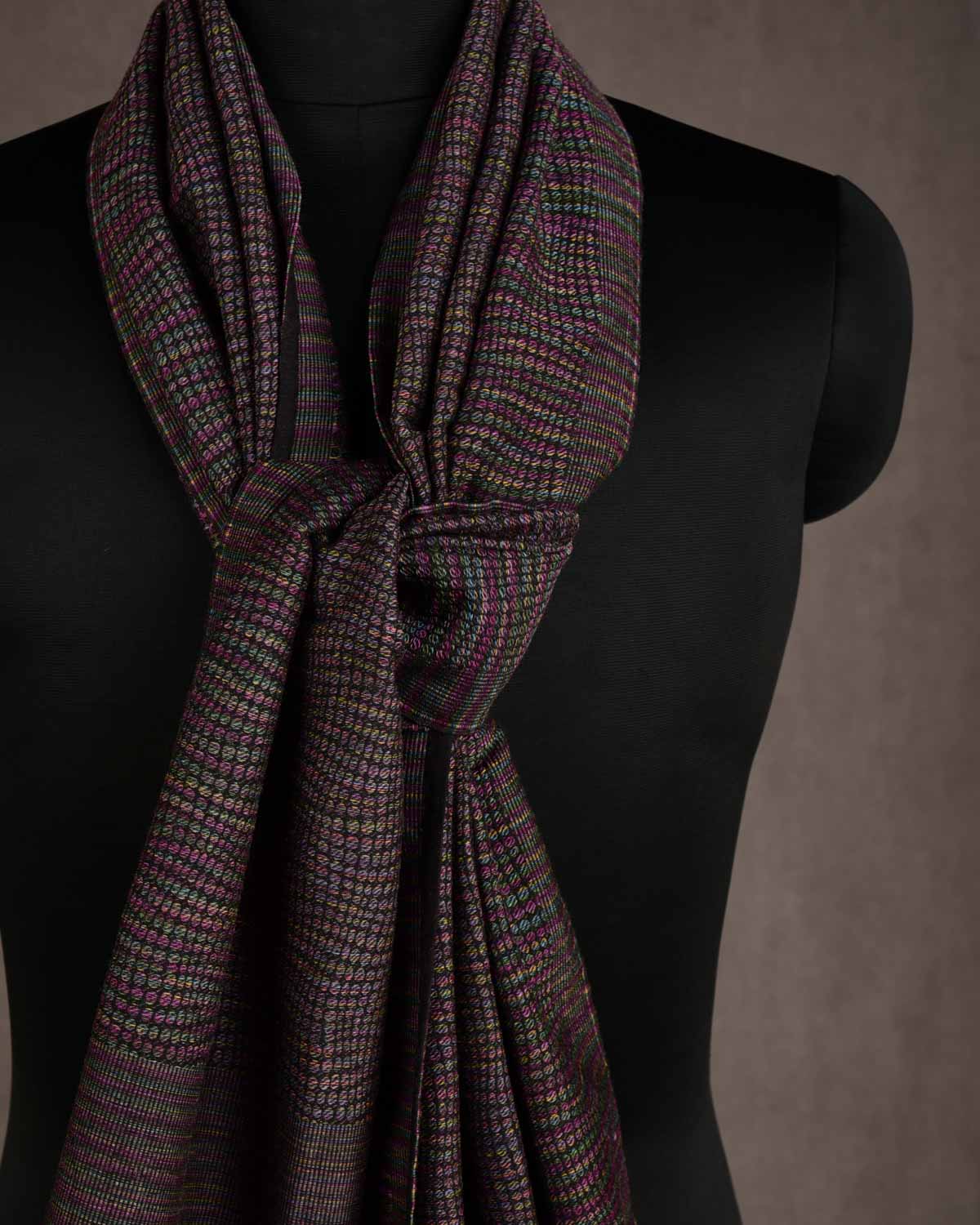 Variegated Black Multi-Color Python Stripes Brocade Handwoven Silk Wool Unisex Scarf 80"x22"-HolyWeaves