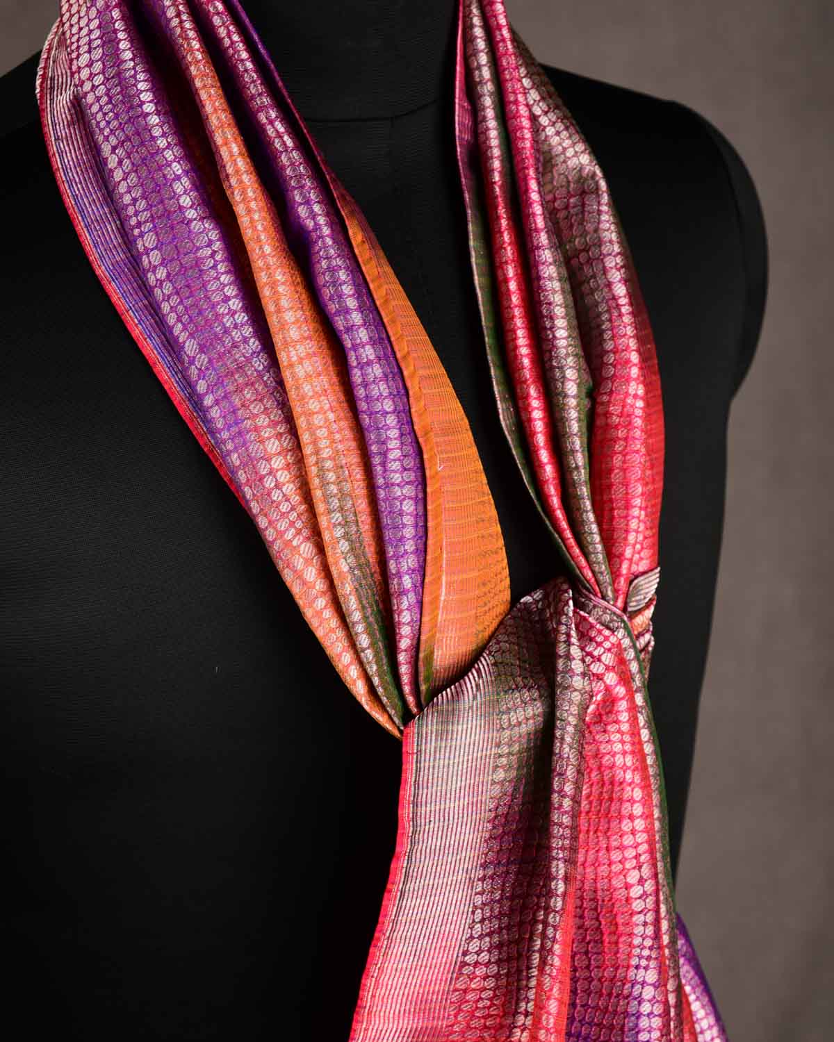 Metallic Multi-color Multi-Color Silver Zari Python Stripes Brocade Handwoven Silk Unisex Scarf 80"x22"-HolyWeaves