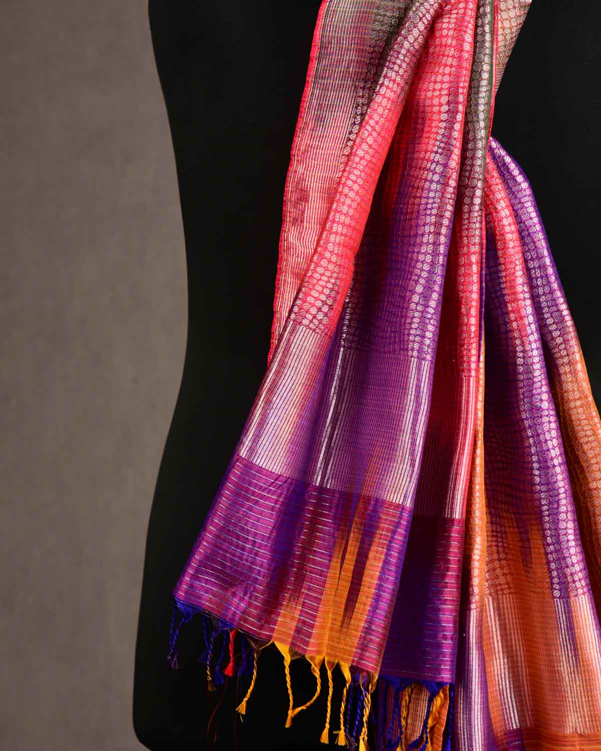 Metallic Multi-color Multi-Color Silver Zari Python Stripes Brocade Handwoven Silk Unisex Scarf 80"x22"-HolyWeaves