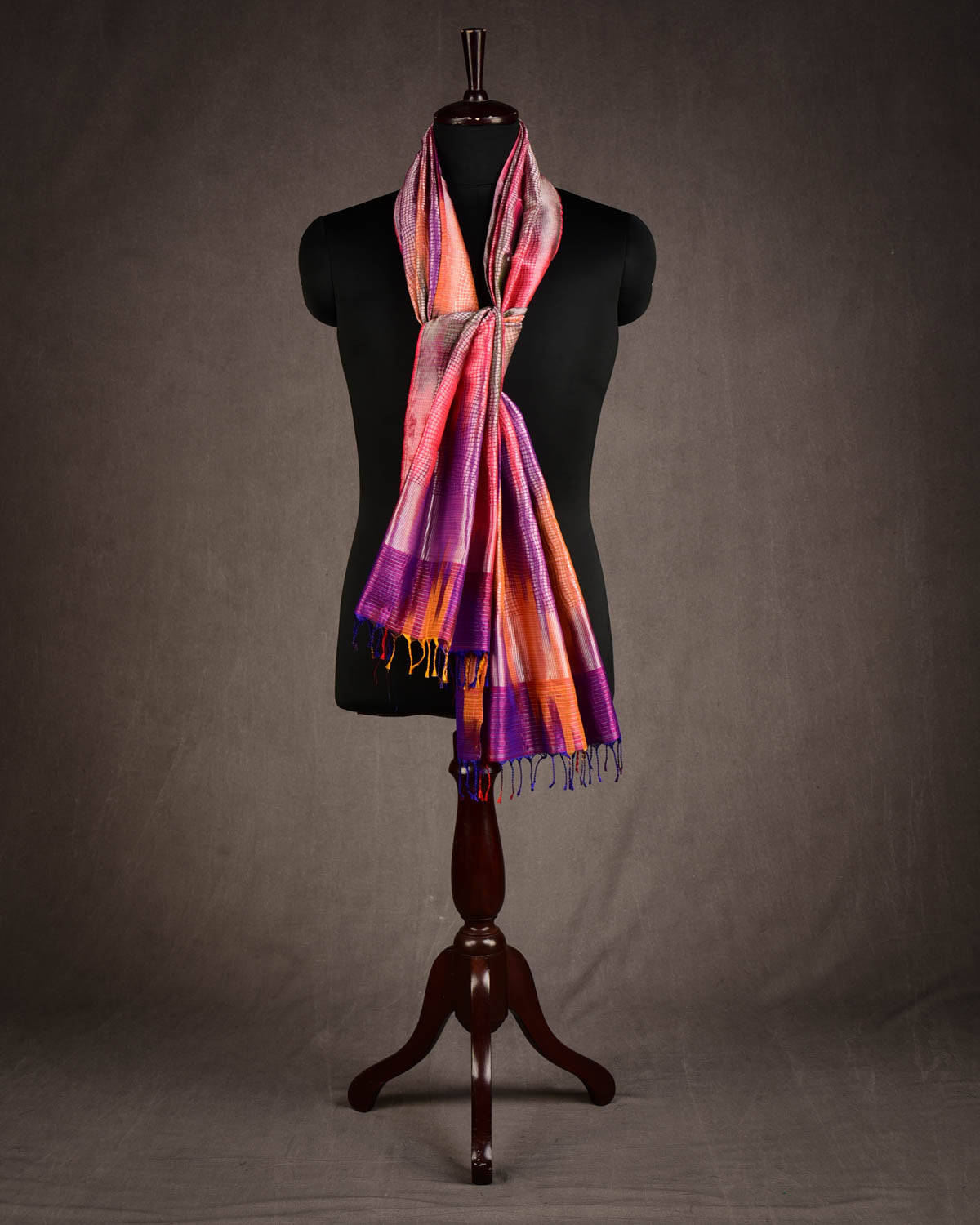 Metallic Multi-color Multi-Color Silver Zari Python Stripes Brocade Handwoven Silk Unisex Scarf 80"x22"-HolyWeaves