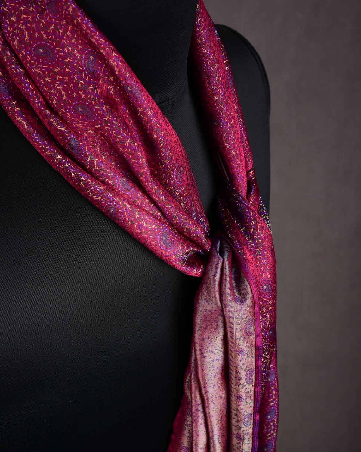 Maroon Tehra Paisley Jamawar Handwoven Silk Unisex Scarf 80"x22"-HolyWeaves