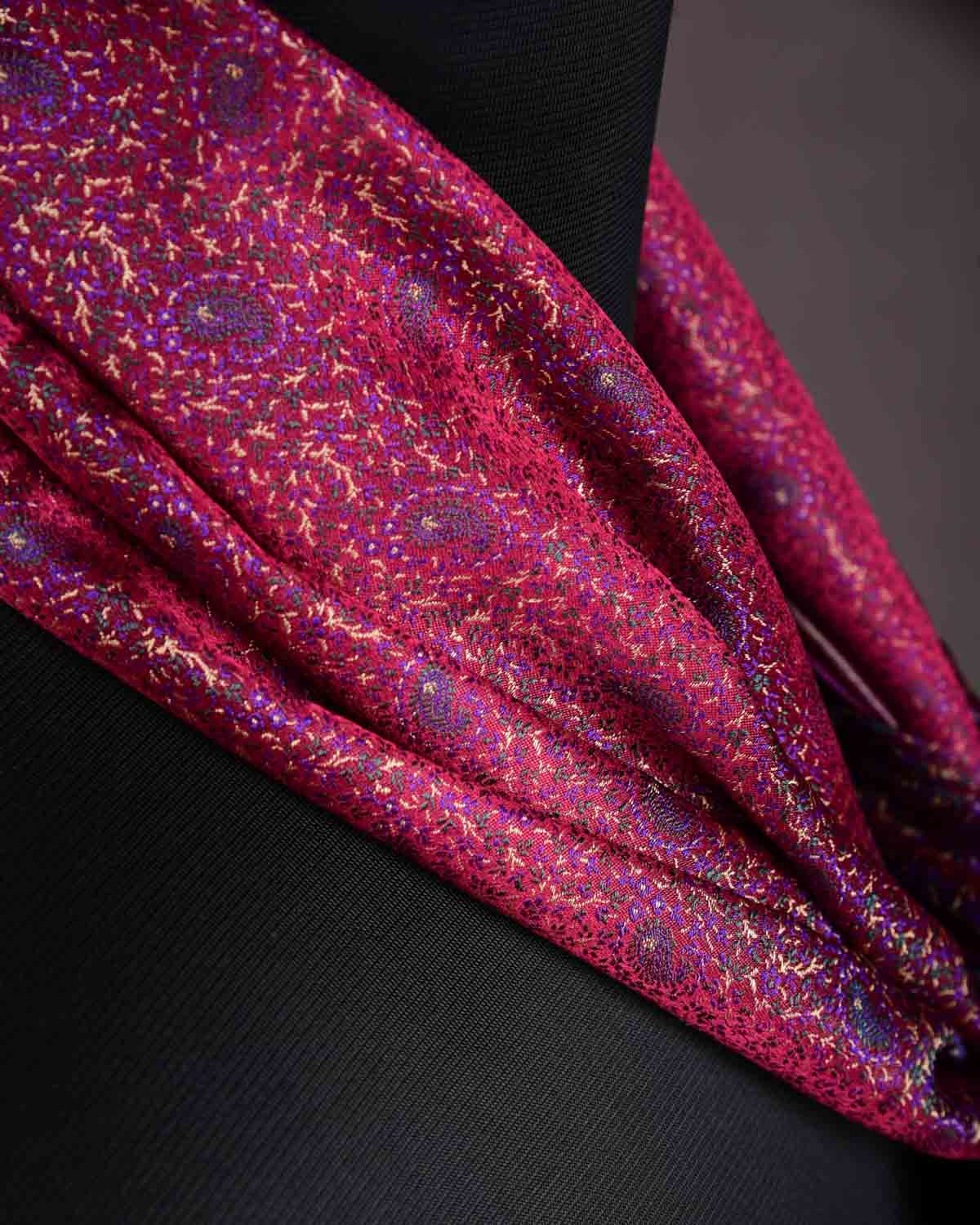 Maroon Tehra Paisley Jamawar Handwoven Silk Unisex Scarf 80"x22"-HolyWeaves