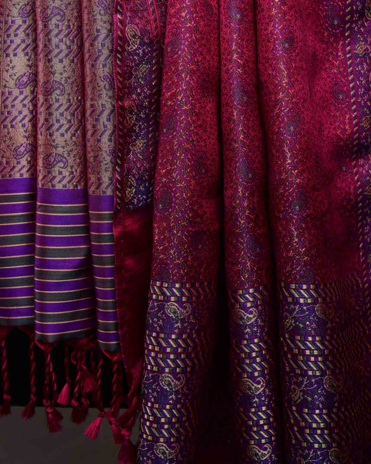 Maroon Tehra Paisley Jamawar Handwoven Silk Unisex Scarf 80"x22"-HolyWeaves