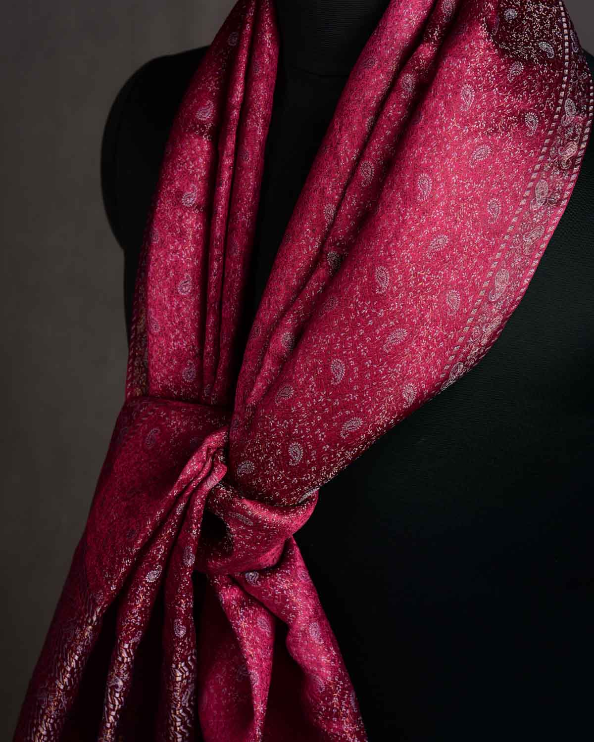 Metallic Maroon Tehra Paisley Jamawar Handwoven Silk Unisex Scarf 80"x22"-HolyWeaves