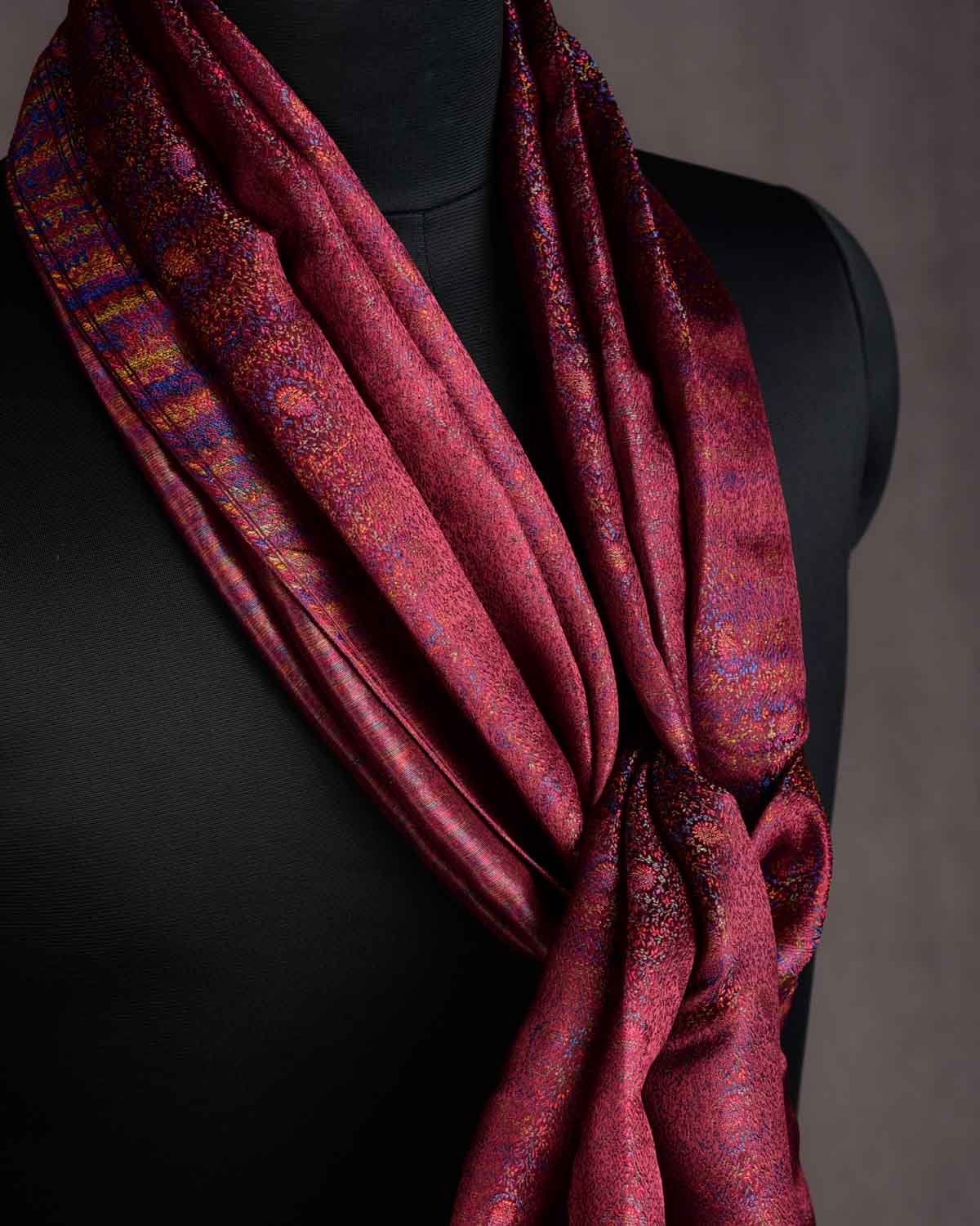 Metallic Mahogany Tehra Paisley Jamawar Handwoven Silk Unisex Scarf 80"x22"-HolyWeaves