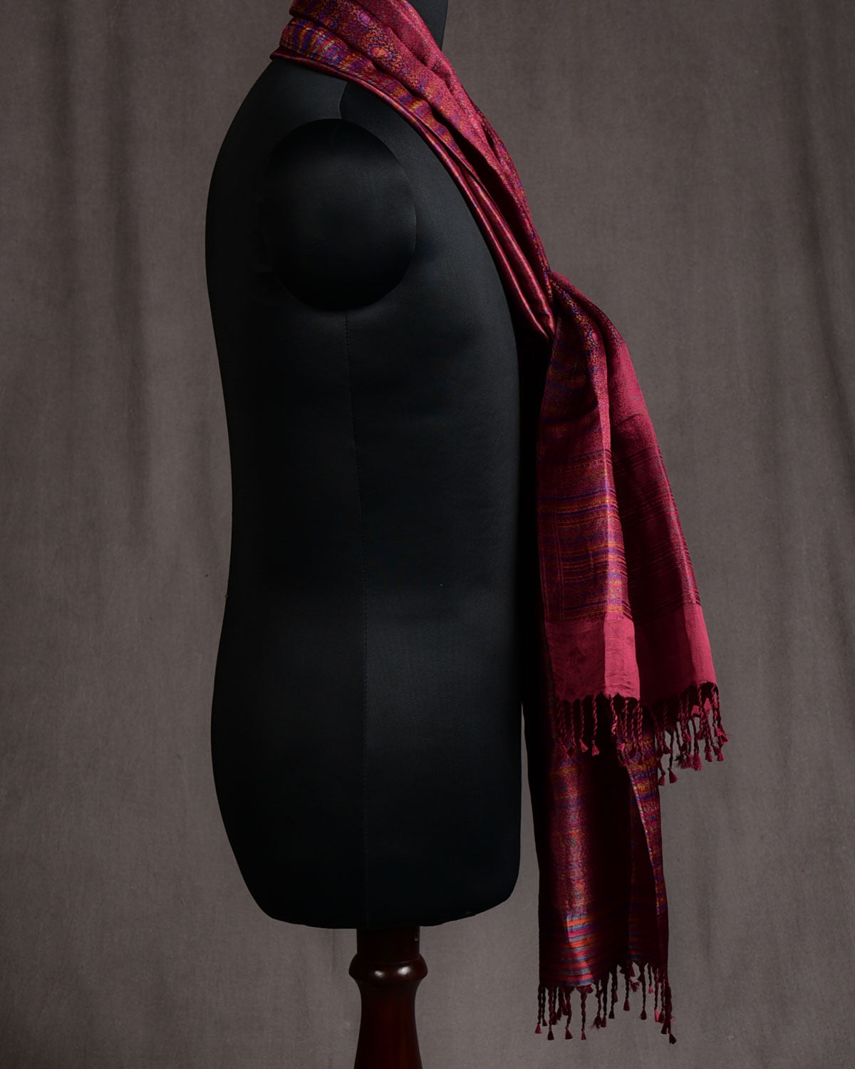 Metallic Mahogany Tehra Paisley Jamawar Handwoven Silk Unisex Scarf 80"x22"-HolyWeaves