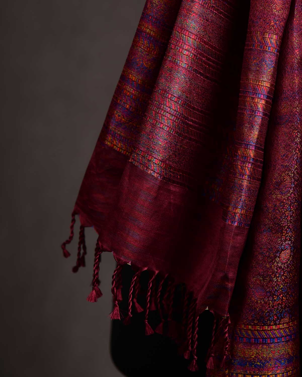 Metallic Mahogany Tehra Paisley Jamawar Handwoven Silk Unisex Scarf 80"x22"-HolyWeaves