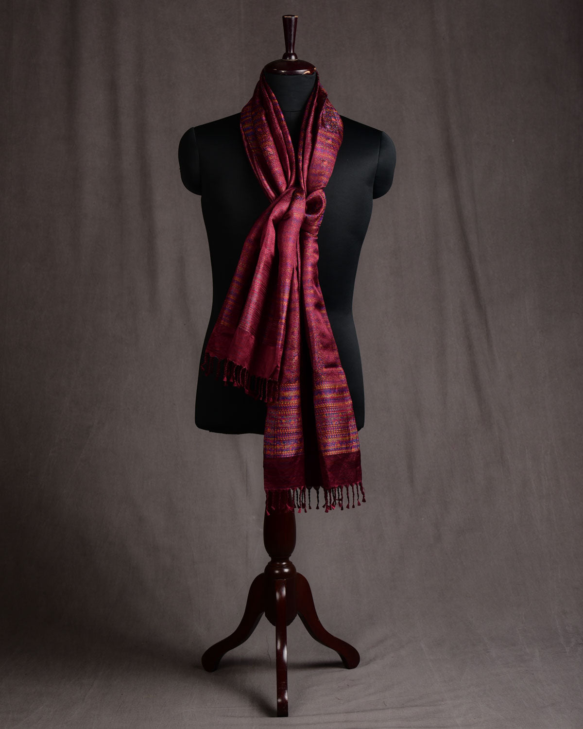 Metallic Mahogany Tehra Paisley Jamawar Handwoven Silk Unisex Scarf 80"x22"-HolyWeaves