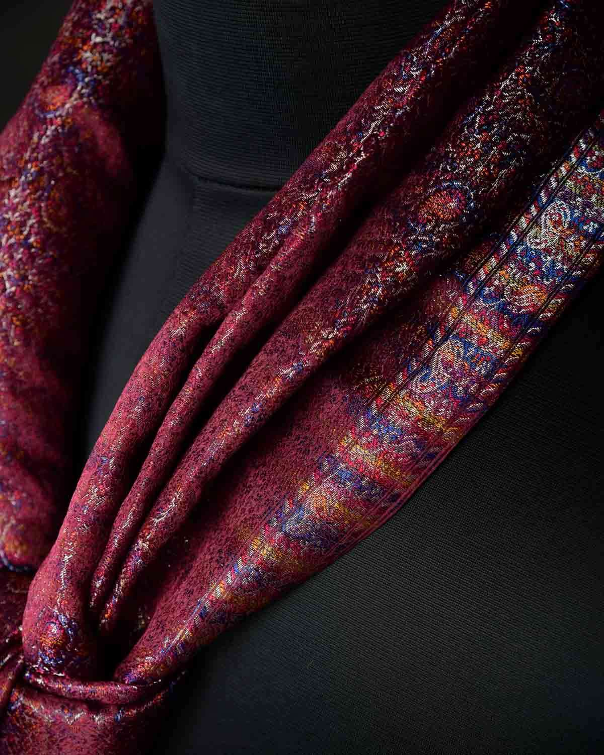 Metallic Mahogany Tehra Paisley Jamawar Handwoven Silk Unisex Scarf 80"x22"-HolyWeaves