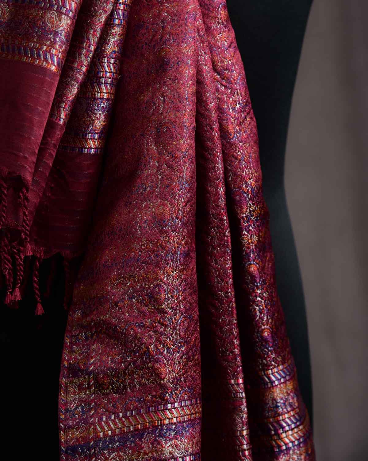 Metallic Mahogany Tehra Paisley Jamawar Handwoven Silk Unisex Scarf 80"x22"-HolyWeaves