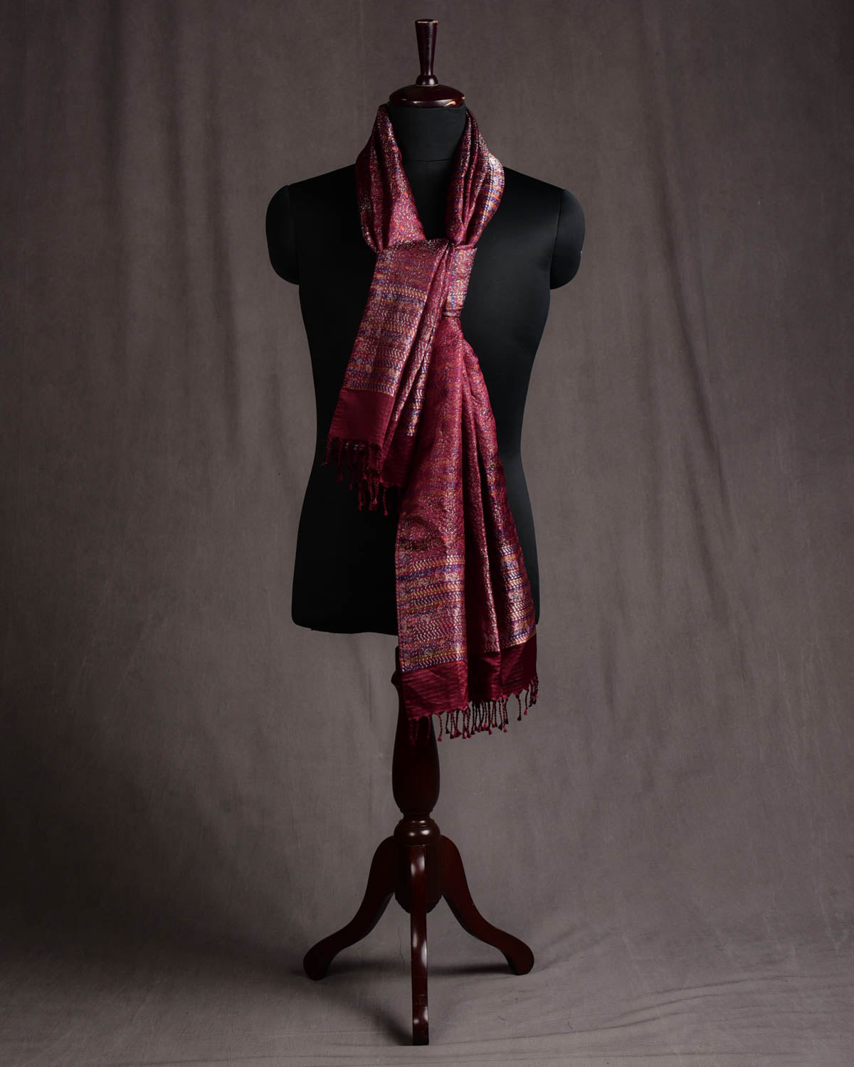 Metallic Mahogany Tehra Paisley Jamawar Handwoven Silk Unisex Scarf 80"x22"-HolyWeaves