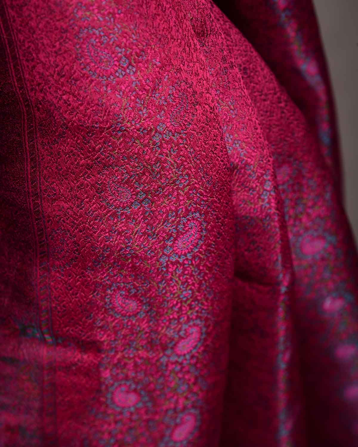 Metallic Maroon Tehra Paisley Jamawar Handwoven Silk Unisex Scarf 80"x22"-HolyWeaves