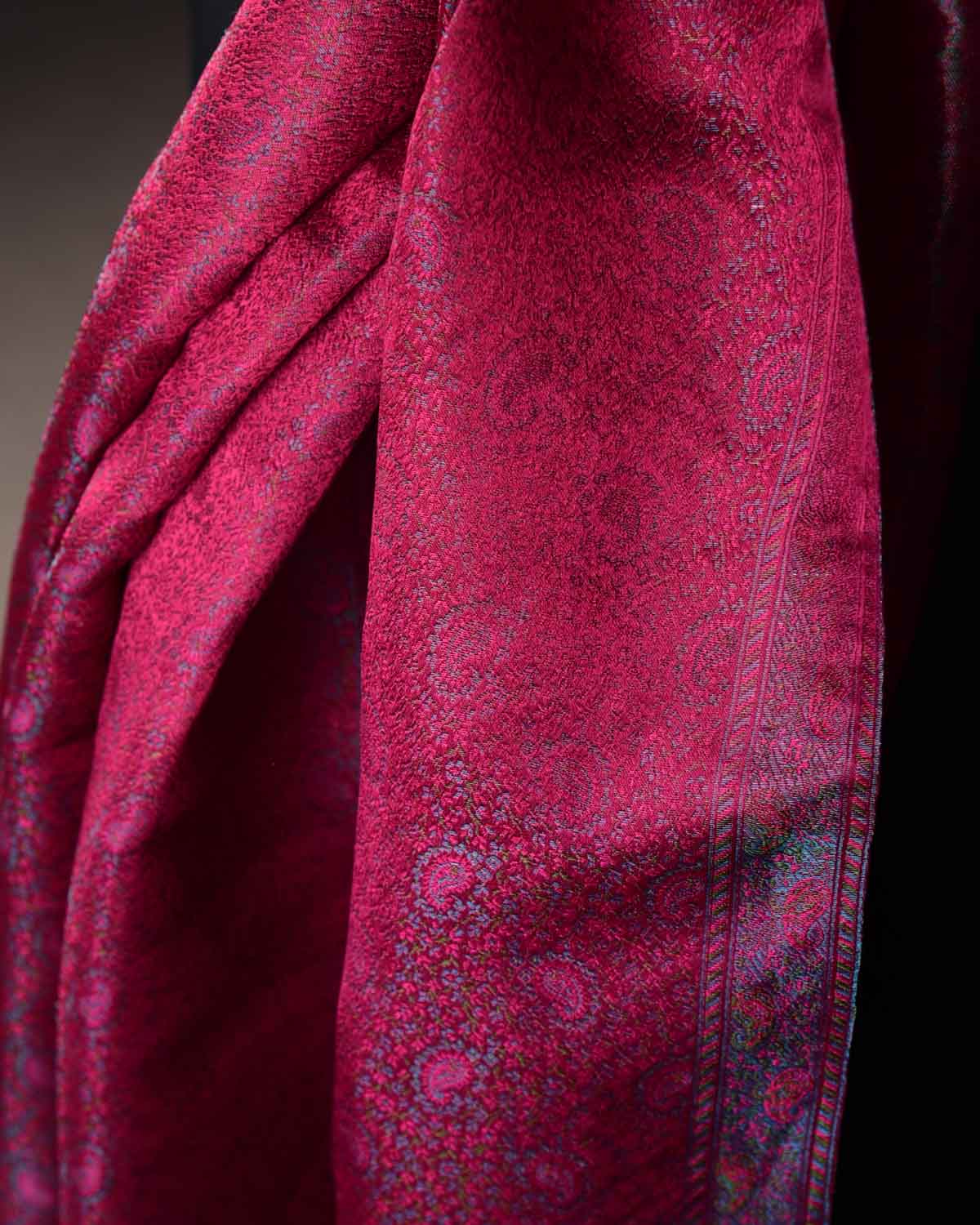 Metallic Maroon Tehra Paisley Jamawar Handwoven Silk Unisex Scarf 80"x22"-HolyWeaves