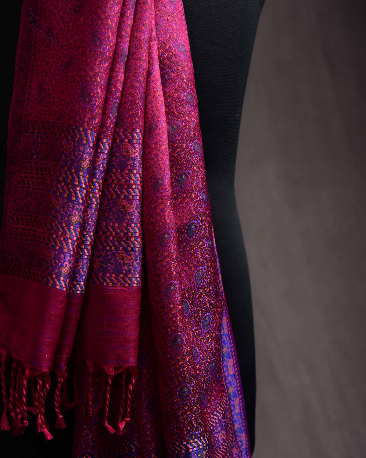 Shot Garnet Tehra Paisley Jamawar Handwoven Silk Unisex Scarf 80"x22"-HolyWeaves