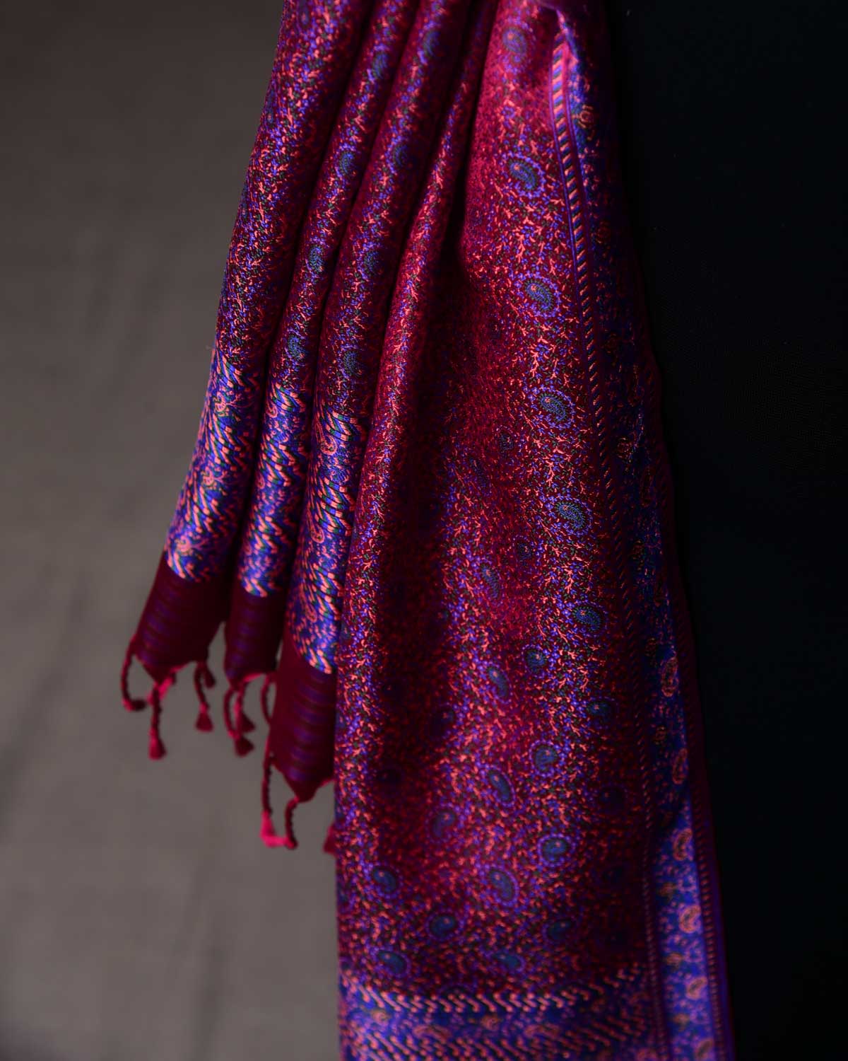 Shot Garnet Tehra Paisley Jamawar Handwoven Silk Unisex Scarf 80"x22"-HolyWeaves