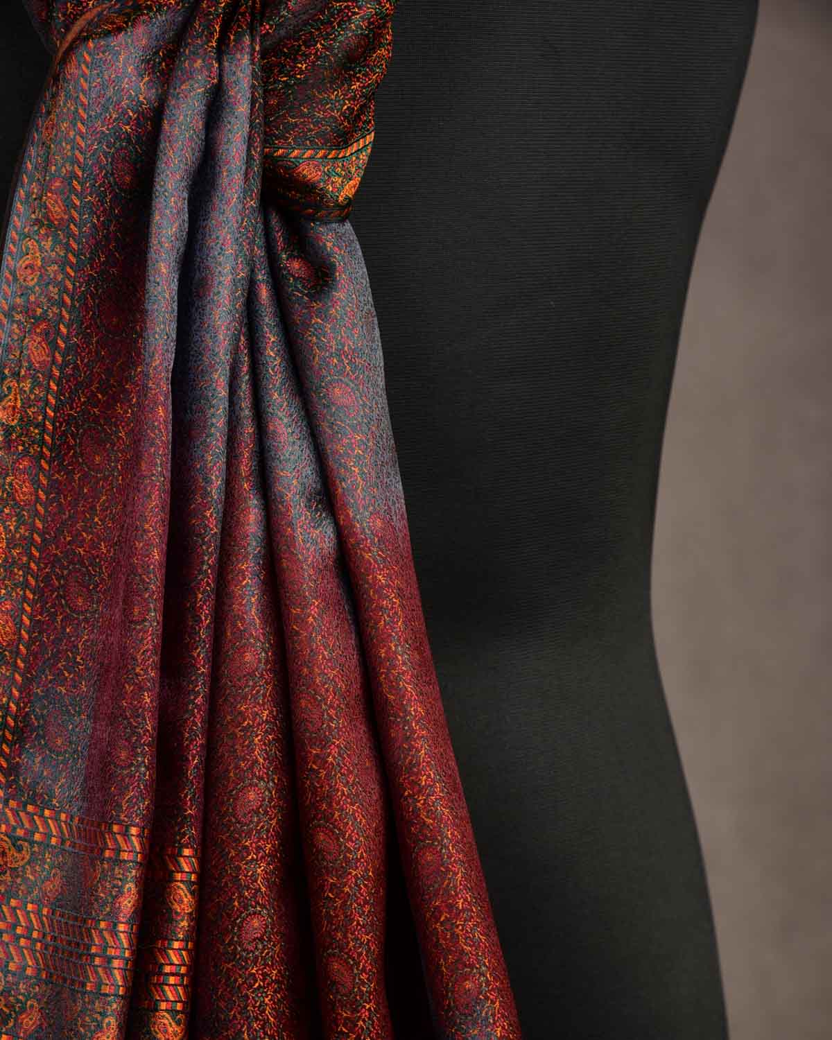 Ombre Multi-color Tehra Paisley Satin Jamawar Handwoven Silk Unisex Scarf 76"x22"-HolyWeaves