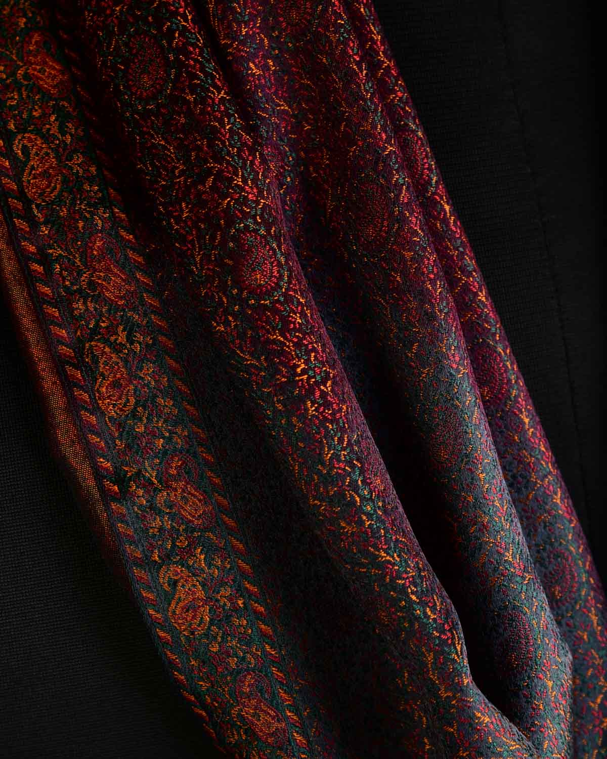 Ombre Multi-color Tehra Paisley Satin Jamawar Handwoven Silk Unisex Scarf 76"x22"-HolyWeaves