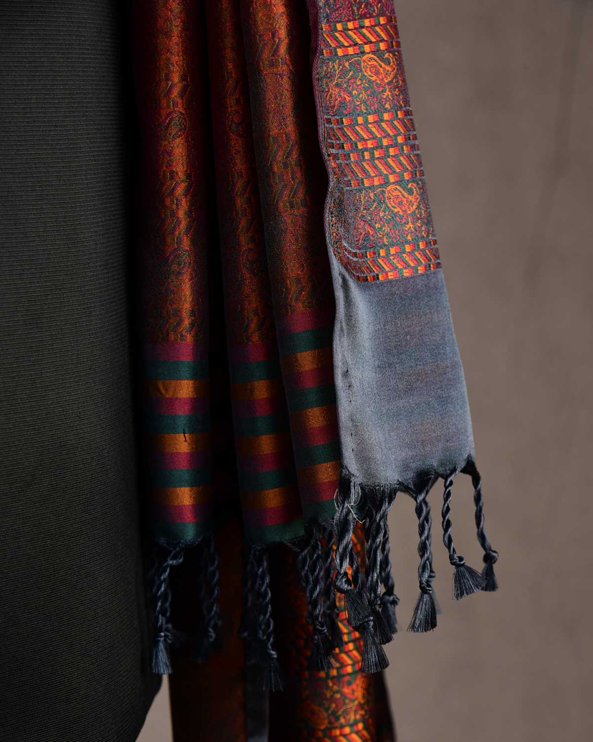 Ombre Multi-color Tehra Paisley Satin Jamawar Handwoven Silk Unisex Scarf 76"x22"-HolyWeaves