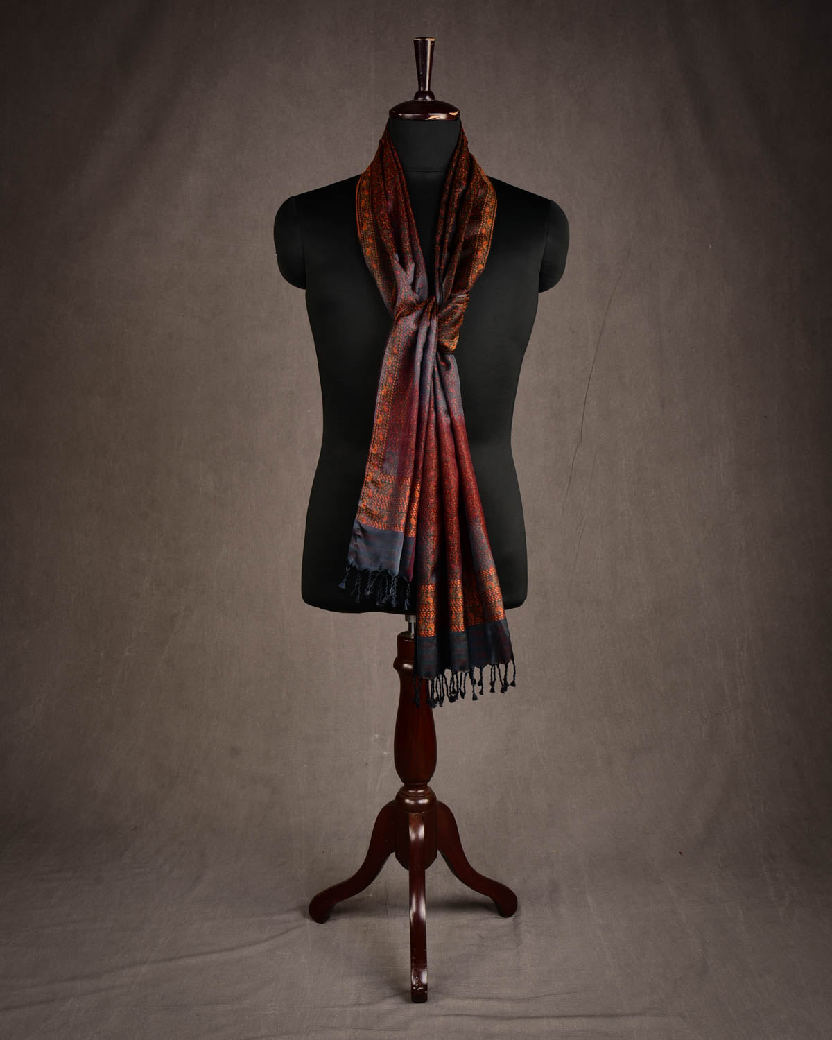 Ombre Multi-color Tehra Paisley Satin Jamawar Handwoven Silk Unisex Scarf 76"x22"-HolyWeaves