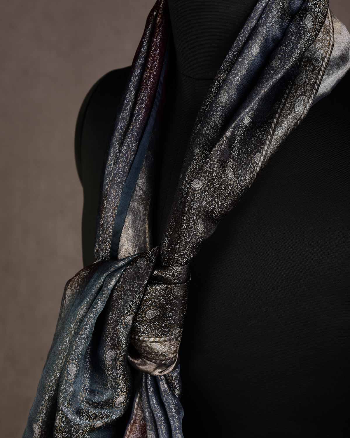 Ombre Metallic Black Tehra Paisley Satin Jamawar Handwoven Silk Unisex Scarf 76"x22"-HolyWeaves