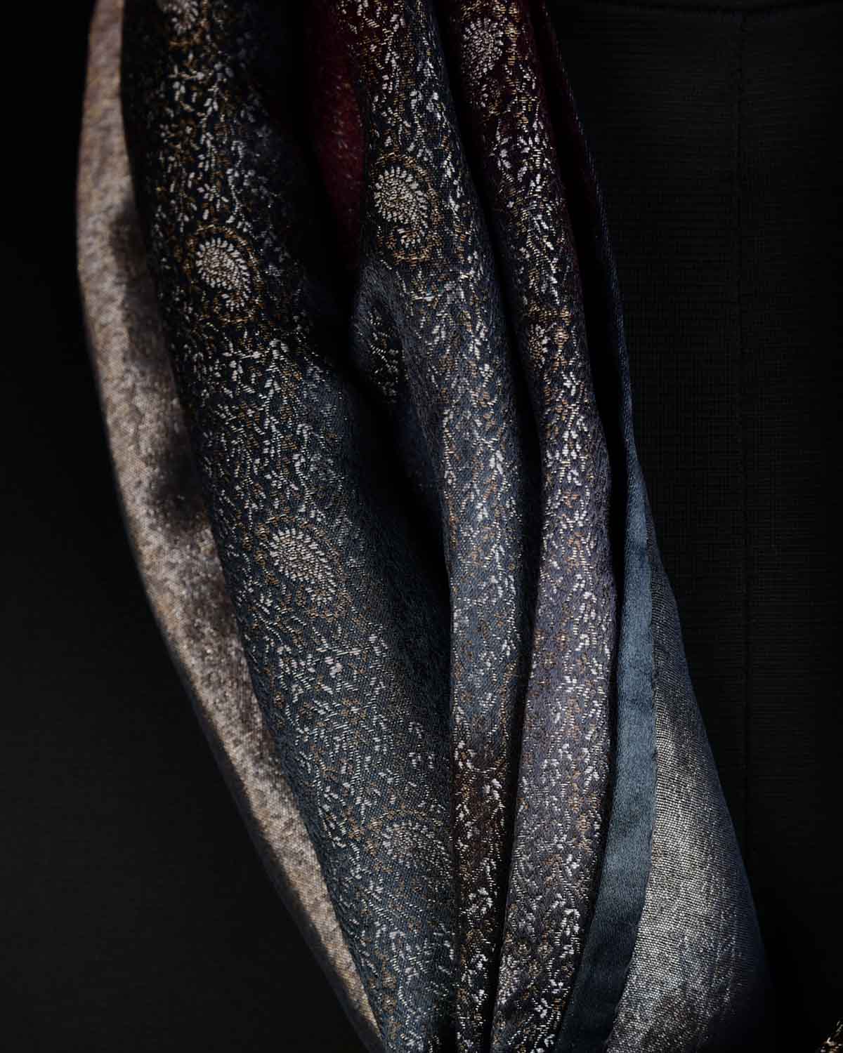 Ombre Metallic Black Tehra Paisley Satin Jamawar Handwoven Silk Unisex Scarf 76"x22"-HolyWeaves
