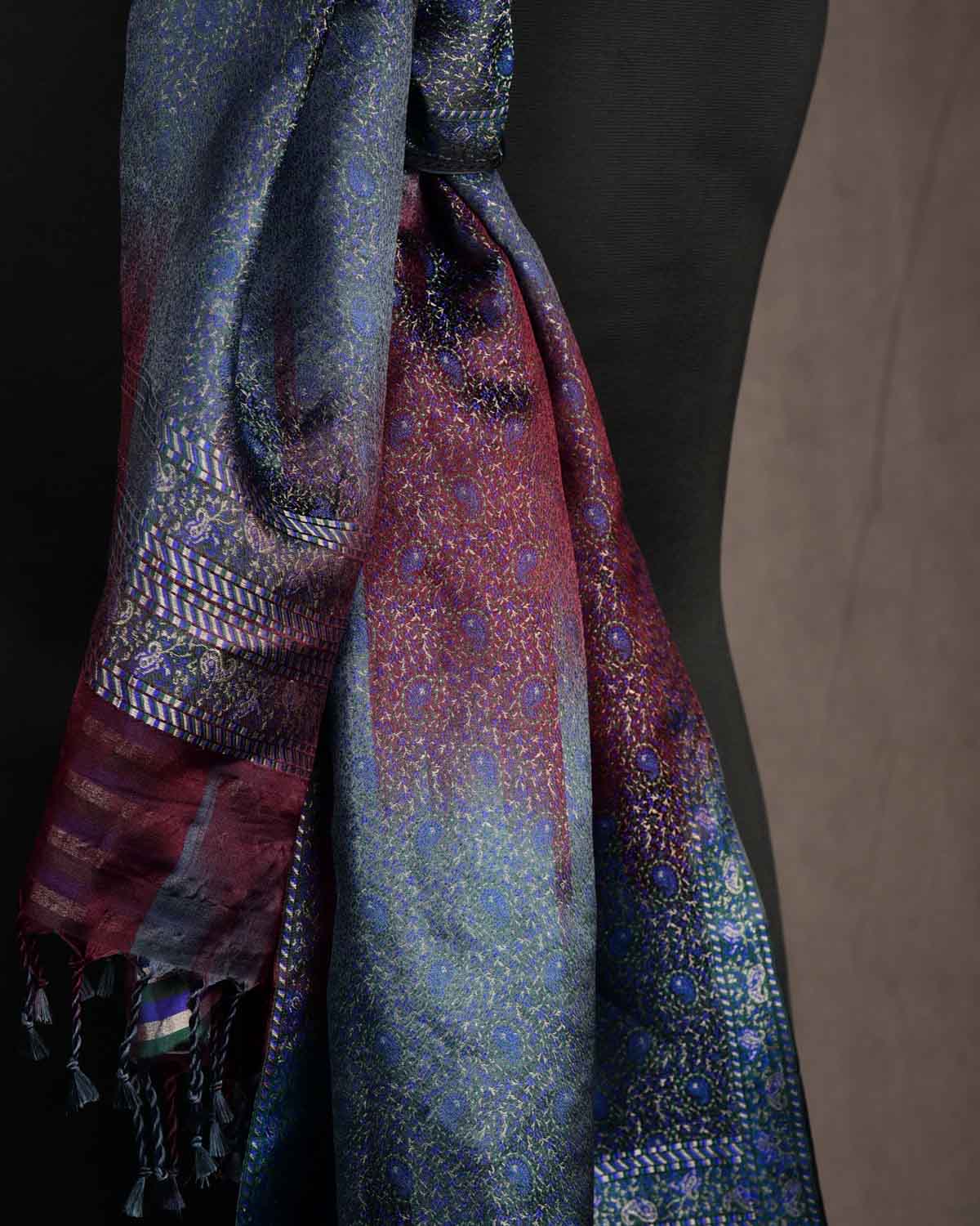 Ombre Metallic Blue-Green Tehra Paisley Satin Jamawar Handwoven Silk Unisex Scarf 76"x22"-HolyWeaves