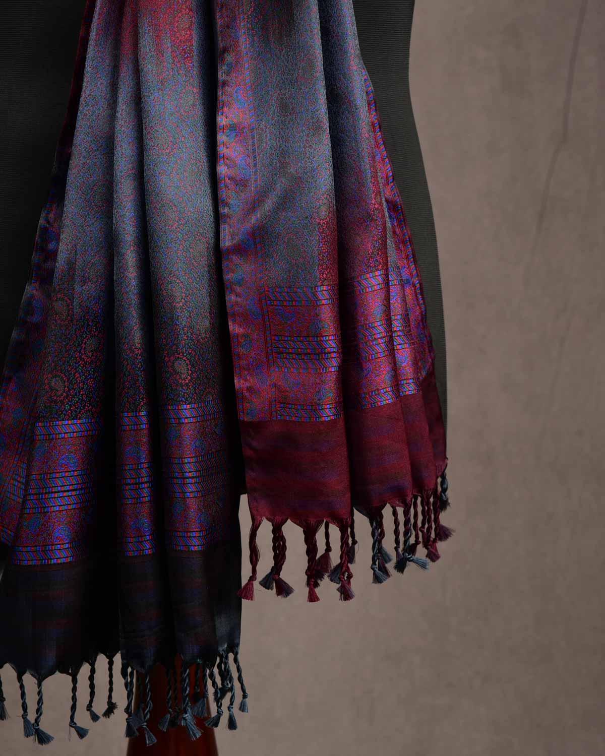 Ombre Multi-color Tehra Paisley Satin Jamawar Handwoven Silk Unisex Scarf 80"x22"-HolyWeaves
