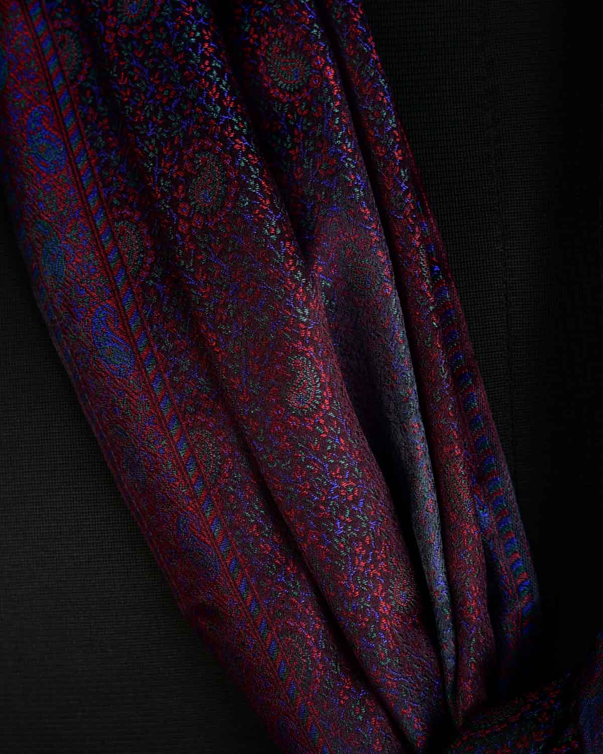 Multi-color Tehra Paisley Satin Jamawar Handwoven Silk Unisex Scarf 80"x22"-HolyWeaves